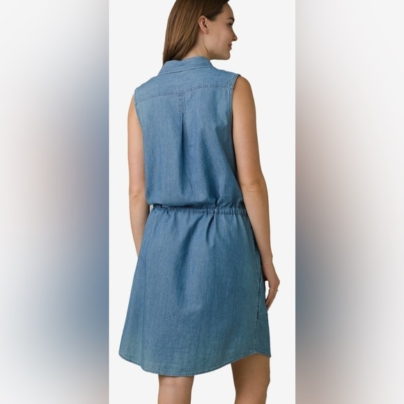 Prana Sunrise Peak Denim tie Waist Button Down Dress w Chic Oversized Pockets SM - Picture 8 of 9